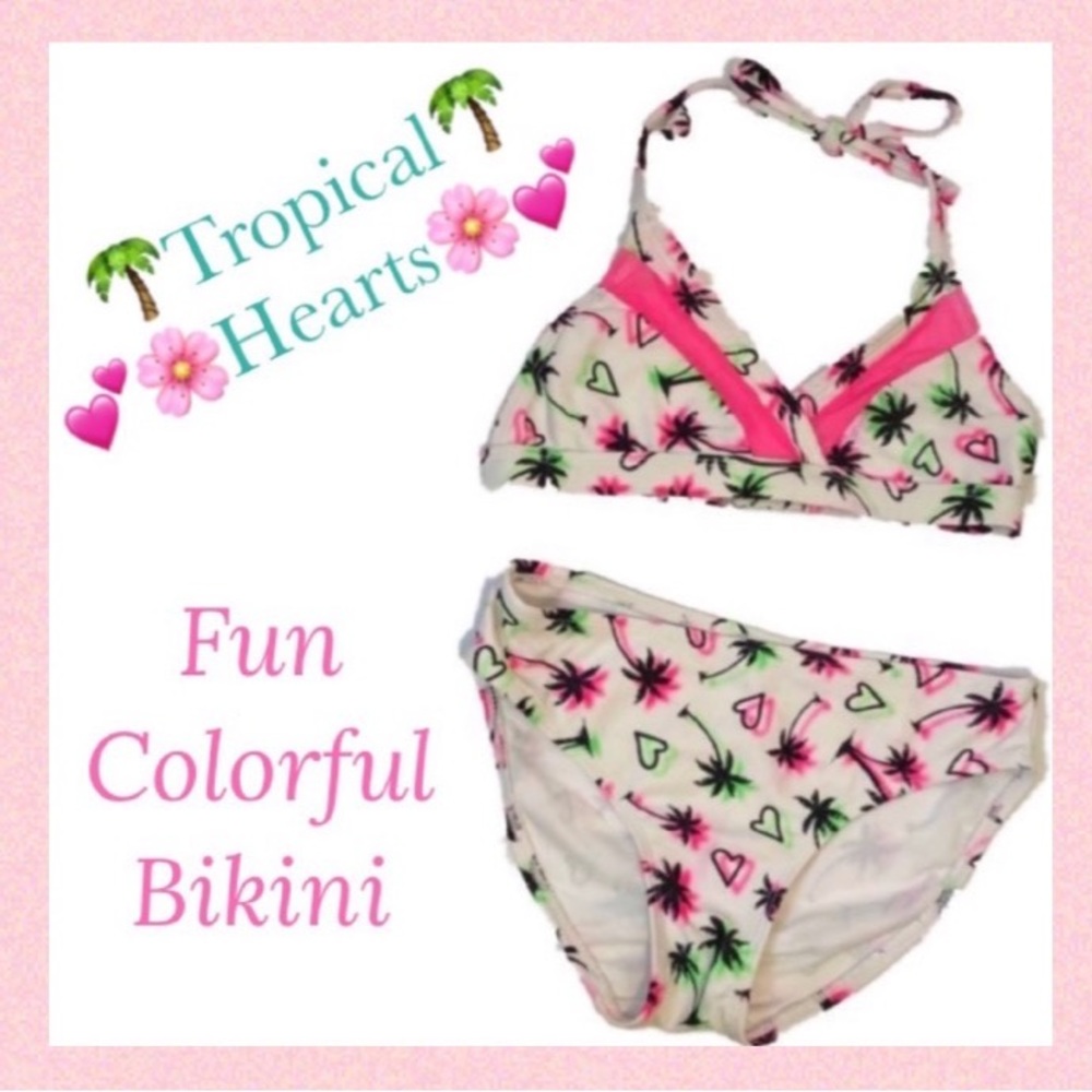 Tropical Hearts Bikini 2 Piece Swimsuit Colorful Beach Palm Trees Girls M 7/8